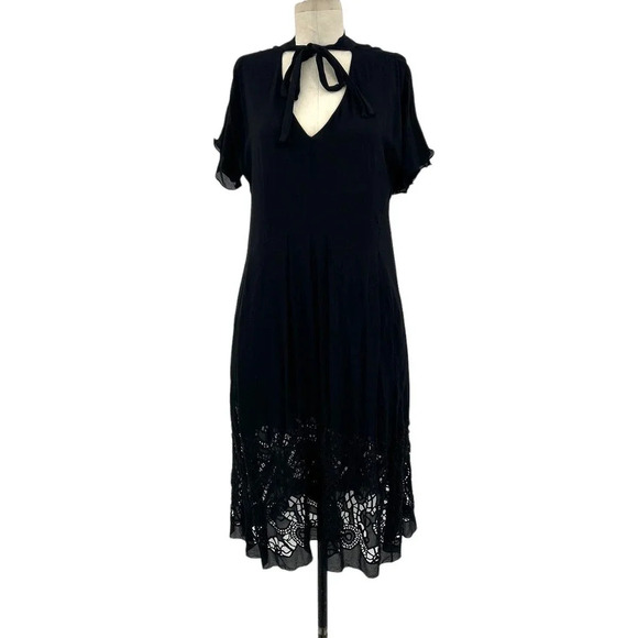 Marni Black Silk Tie Neck Crochet Hem Short Sleeve Dress Size 40 US 4‎ - Picture 1 of 10